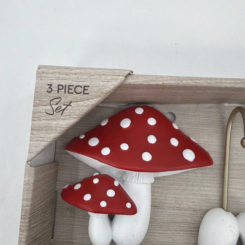 Mushroom Hook Set Red White Polka Dot Resin 3 Piece Cottage Garden Whimsical